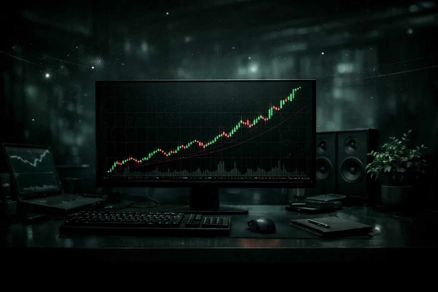 Trading workstation with growth chart